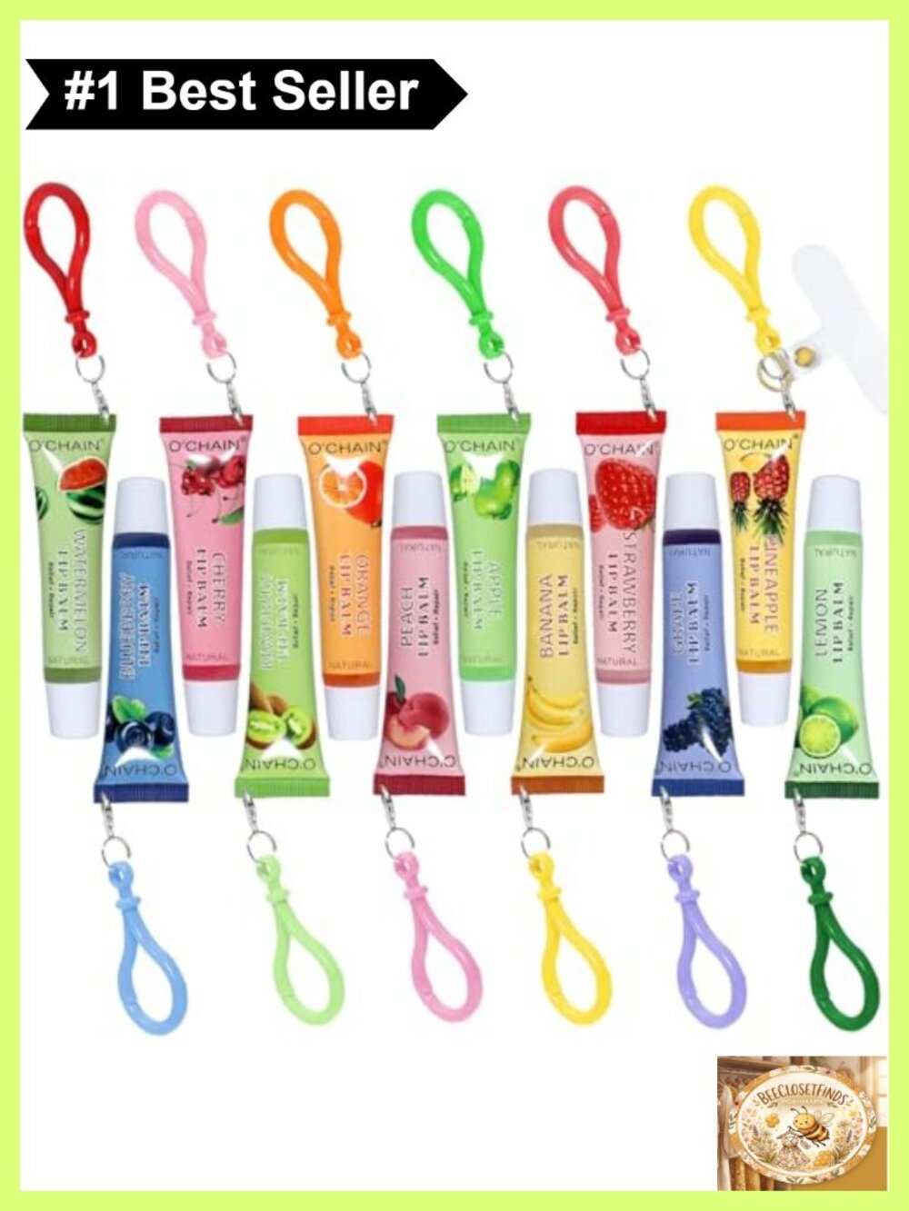 12 Pack Fruit Flavored Lip Balm Set Keychain Portable Moisturizing Vegan